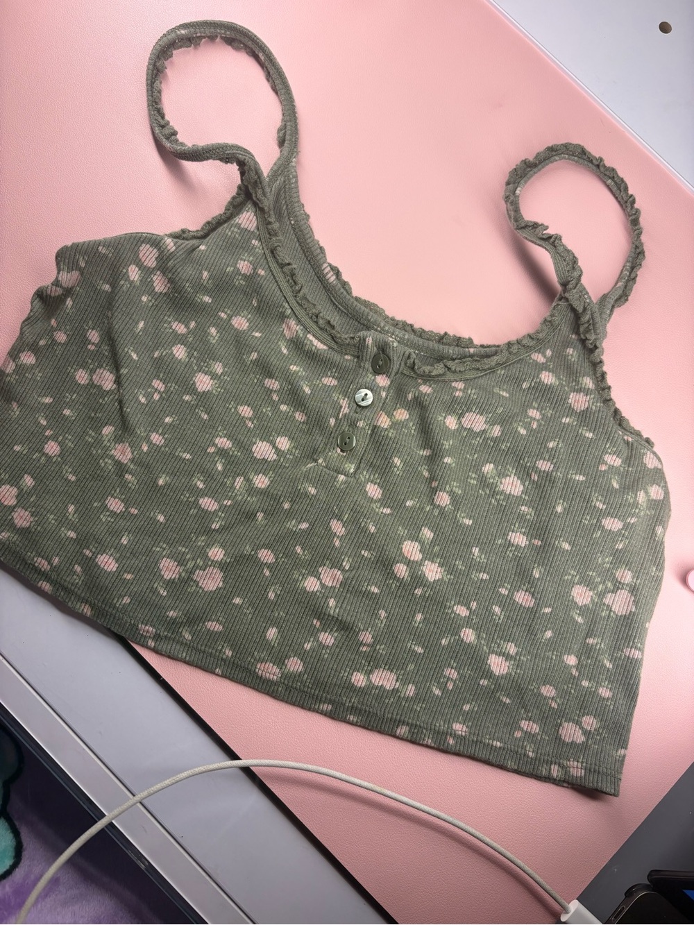Green Floral Ribbed Crop Tank Top with Buttons